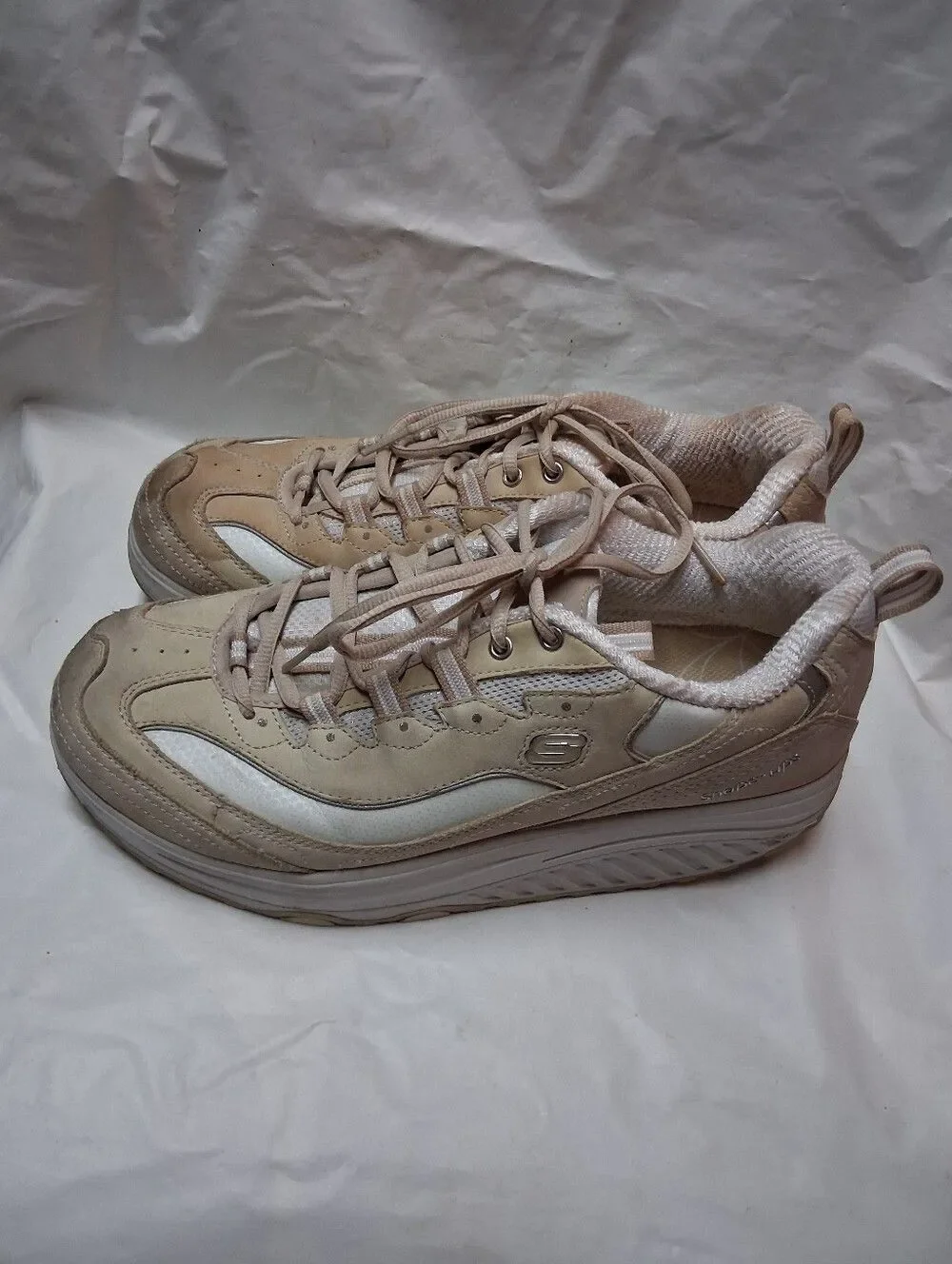 Skechers Leather Shape Ups Tan Rocker Toning Walking Chunky Sneakers Sz 10